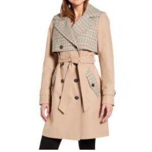 Ellen Tracy Plaid Modern Trench Coat in Camel Medium